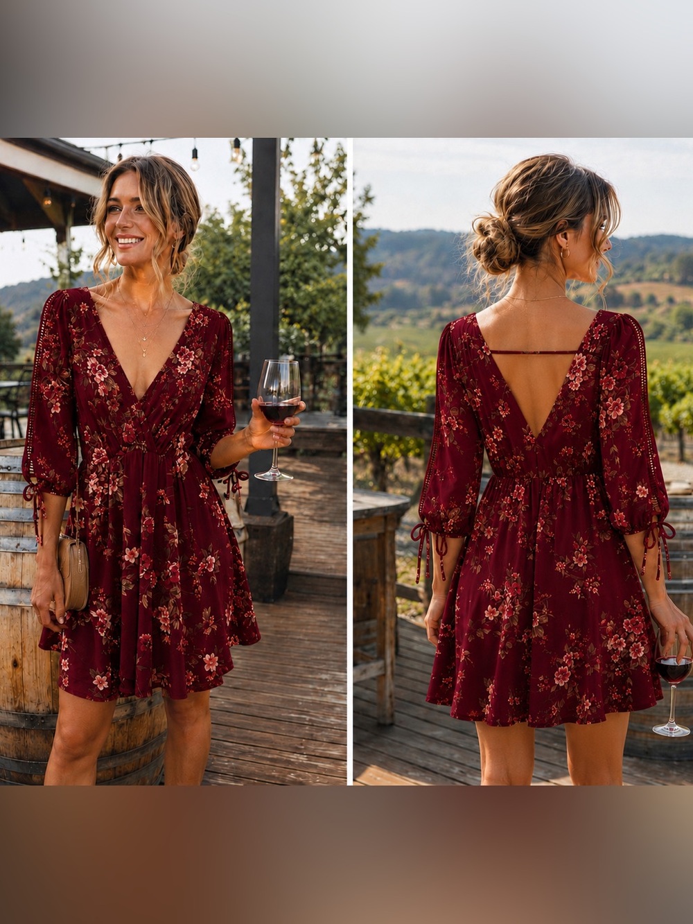 Floral Burgundy Wrap Mini Dress with Tie Waist